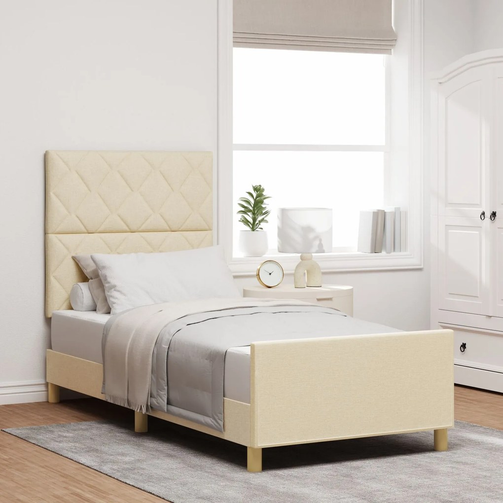 vidaXL Cadru de pat cu headboard Crem 100 x 200 cm țesătură