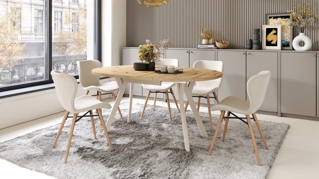 Mazzoni ALDO Stejar Artisan/picioare bej - MASĂ ROTUNDĂ EXTENSIBILĂ CU PICIOARE ÎN FORMĂ DE "Y" STIL LOFT PENTRU SALON/SUFRAGERIE