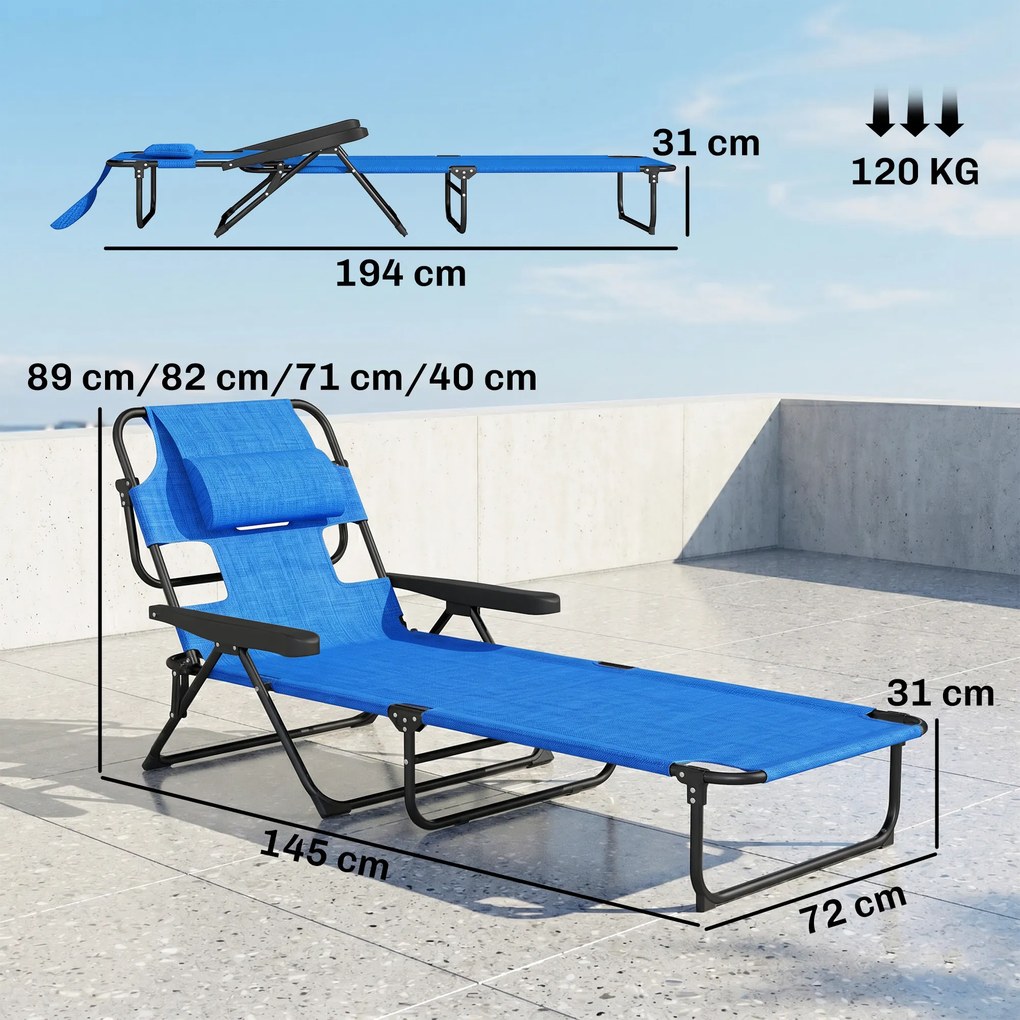 Outsunny Sezlong Plaja Pliabil cu 4 Nivele Rabatare si brațe, Greutate sustinuta 120 kg,Gri | Aosom Romania