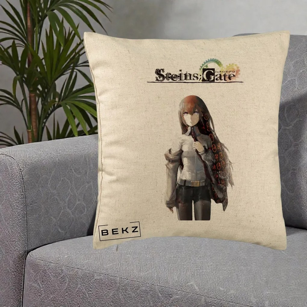Perna Personalizata Steins Gate Kurisu Makise Anime, 40x40 cm, Bej, Husa Detasabila, Perna Inclusa, BEKZ®