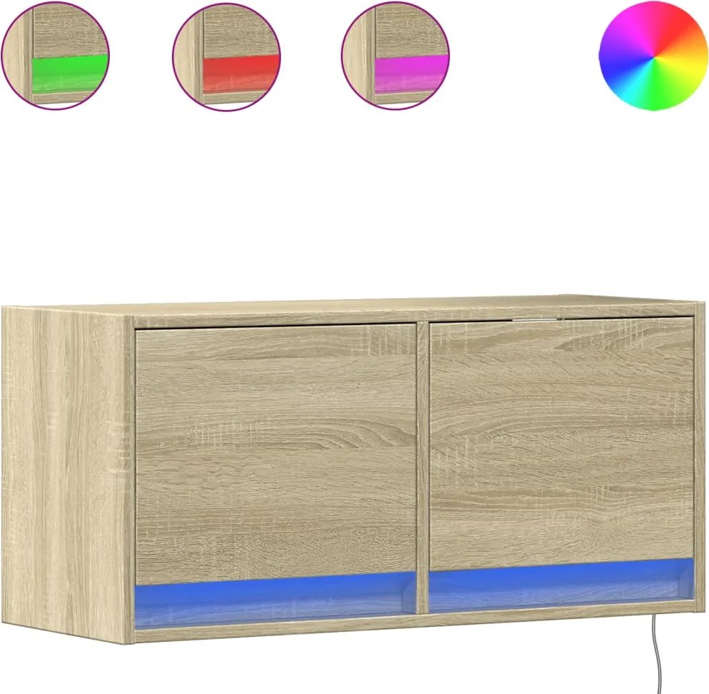 vidaXL Comodă TV de perete cu lumini LED, stejar sonoma, 80x31x38 cm