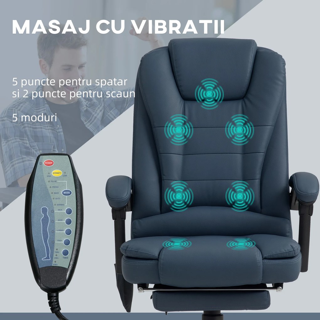 Vinsetto Scaun Birou Ergonomic Fotoliu de Birou Ergonomic cu 7 Puncte de Masaj Suport Picioare Reglabil 67x67x111-121 cm Albastru | Aosom Romania