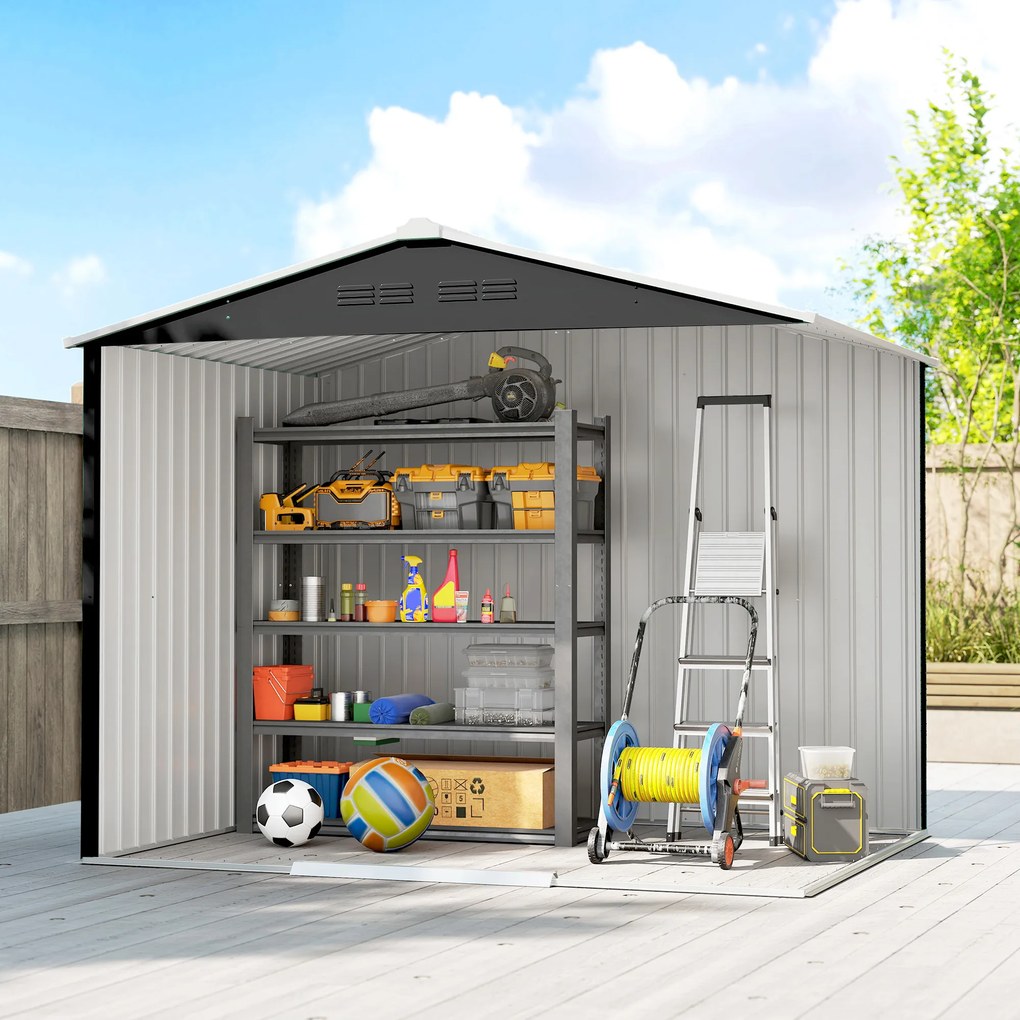 Outsunny Căsuță de Grădină 3.6m² din Oțel Zincat cu Grile de Ventilație, Căsuță de Grădină cu Uși Glisante Duble Blocabile, Acoperiș Înclinat, Căsuță pentru Unelte cu Mănuși, Gri Închis | Aosom Romania