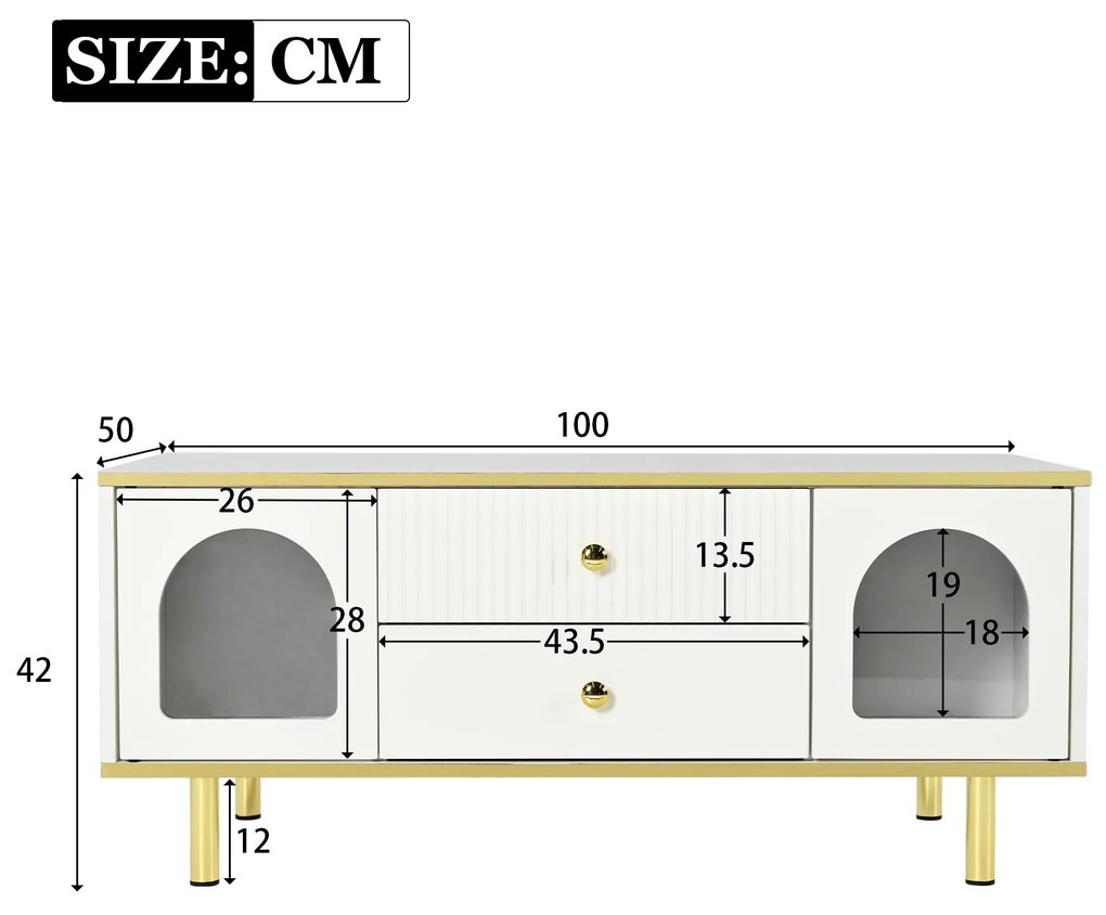 Măsuță de cafea modernă cu lumini LED, design cu riguri, două sertare, blat din marmură falsă, potrivită pentru living, 100x50x43 cm, albă