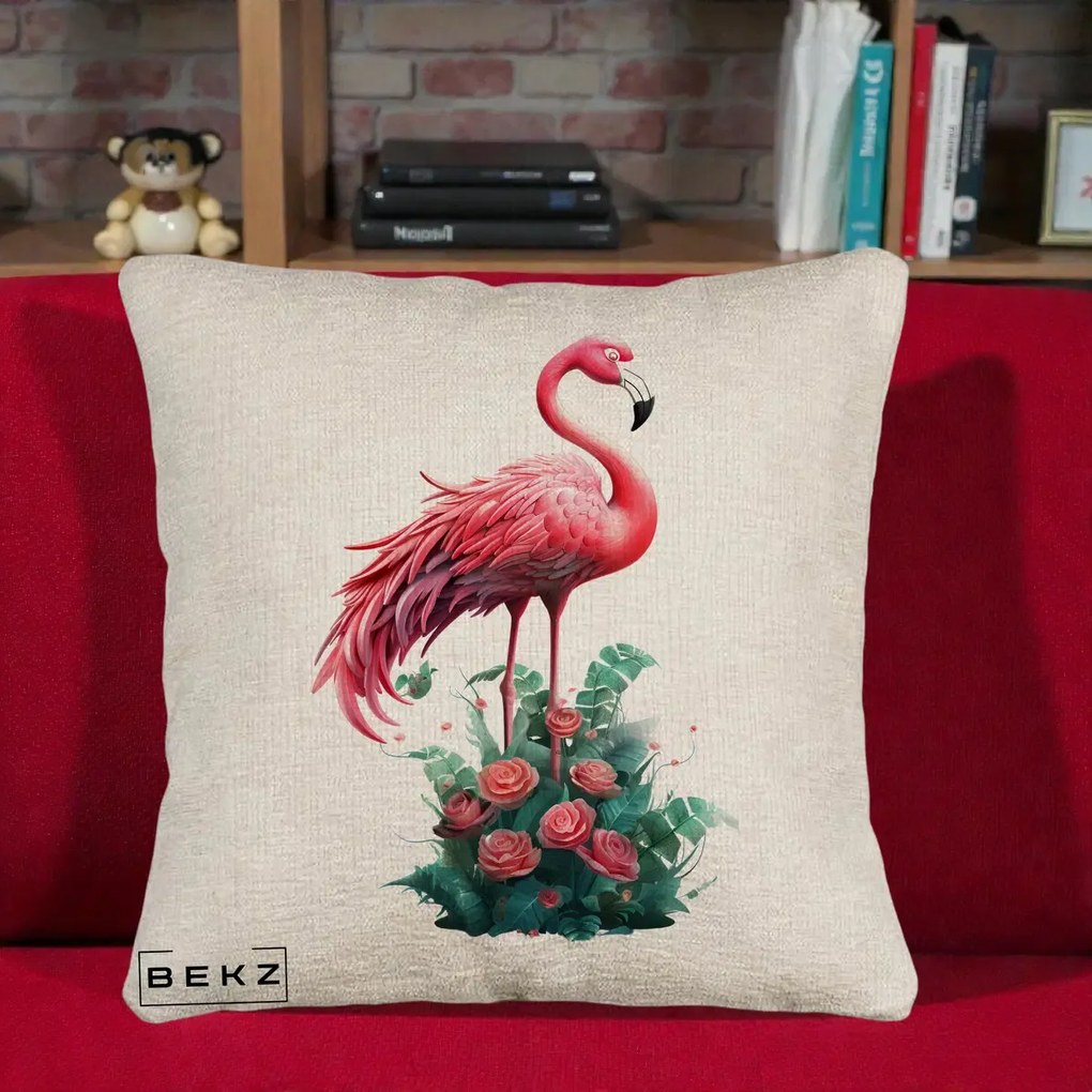 Perna Decorativa Flamingo cu Trandafiri Tropicali, 40x40 cm, Bej Canapea, Husa Detasabila, Perna Inclusa, BEKZ®