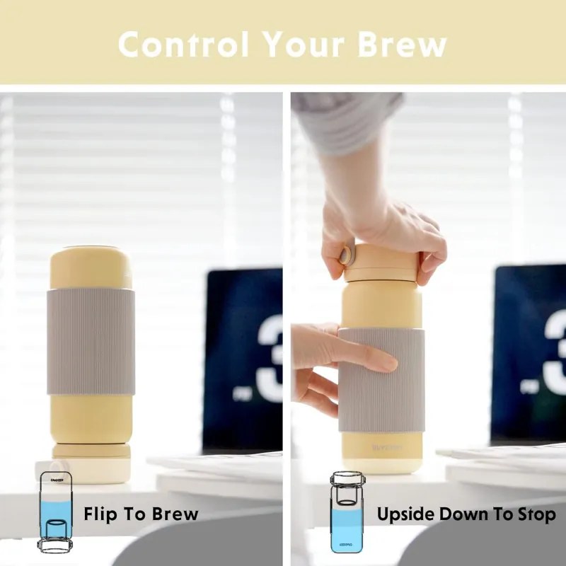 Termos cu infuzor Buydeem CD1011-MY, 400 ml, Rezistent la scurgeri, Infuzor detasabil, Otel inoxidabil, Maner, Galben