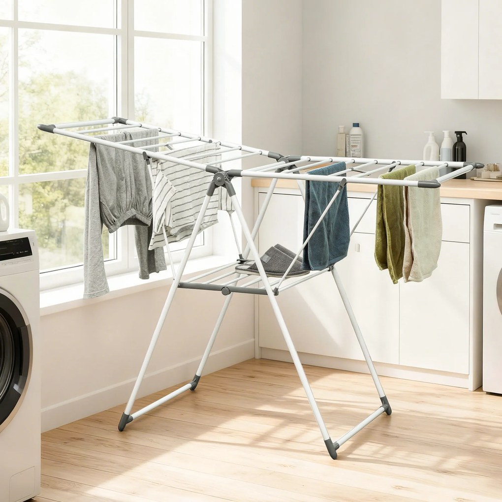 HOMCOM Uscător de Rufe cu 2 Niveluri Reglabil pe 4 Înălțimi Diferite, Uscător din Metal și Plastic, 156.5x61.5x97 cm, Alb | Aosom Romania