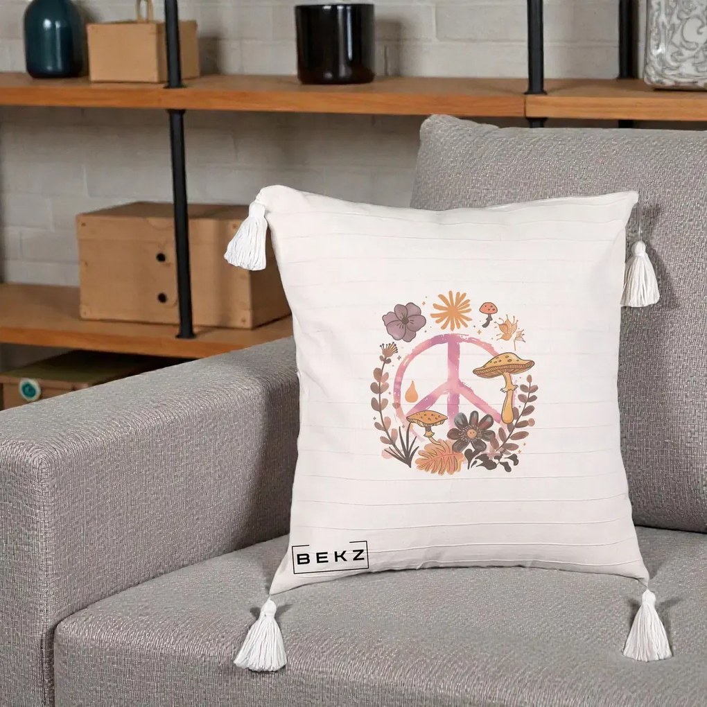 Perna Decorativa Peace Ciuperci Boho, 40x40 cm, Bej cu Franjuri, Husa Detasabila, Perna Inclusa, BEKZ®