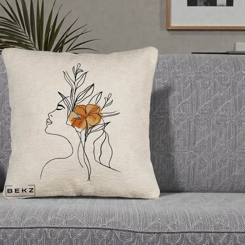 Perna Decorativa Portret Feminin Floare Portocalie Lateral, 40x40 cm, Bej Canapea, Husa Detasabila, Perna Inclusa, BEKZ®