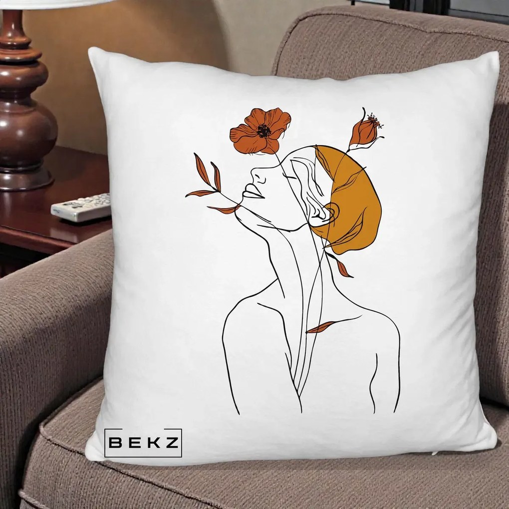 Perna Decorativa Portret Feminin Mac Privire Inalta, 40x40 cm, Alb Pufos, Husa Detasabila, Perna Inclusa, BEKZ®