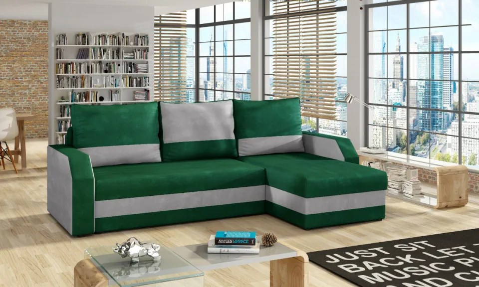 Coltar tapitat, extensibil, cu spatiu pentru depozitare, 239x150x86 cm, Giulio, Eltap (Culoare: Verde / Gri catifea)