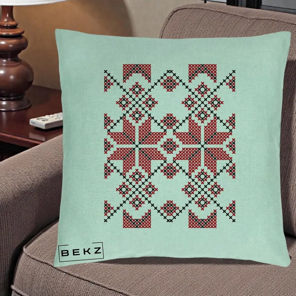 Perna Personalizata Motiv Traditional Cusatura Rosu-Negru, 40x40 cm, Verde Menta, Husa Detasabila, Perna Inclusa, BEKZ®