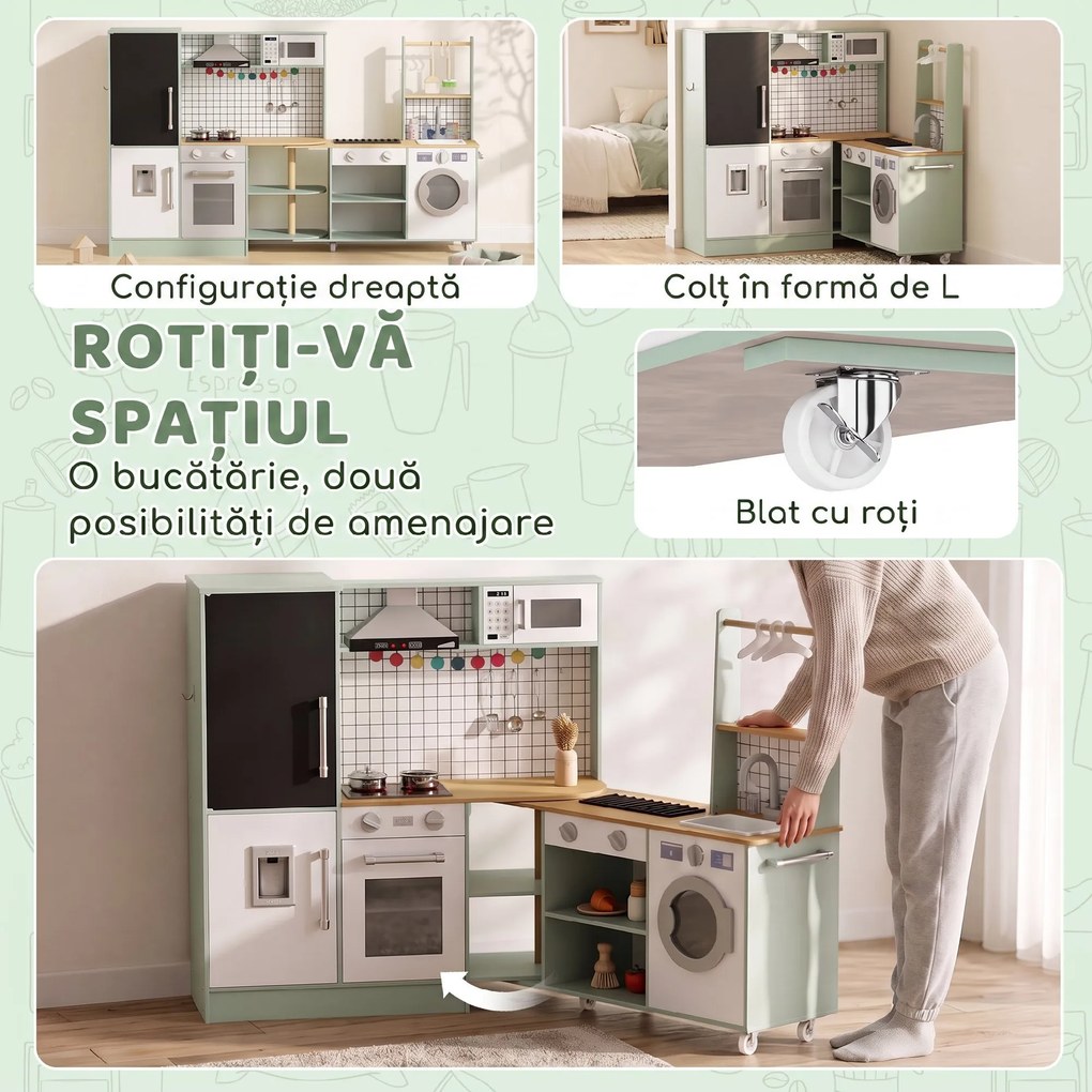 AIYAPLAY Bucătărie pentru Copii 3-8 Ani cu Blat Rotativ, Verde Deschis | Aosom Romania