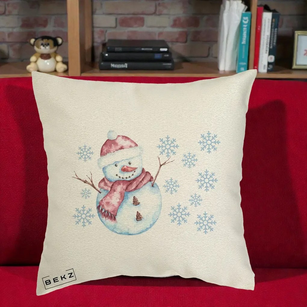 Perna Decorativa Om de Zapada Rosu cu Fulgi, 40x40 cm, Ecru, Husa Detasabila, Perna Inclusa, BEKZ®
