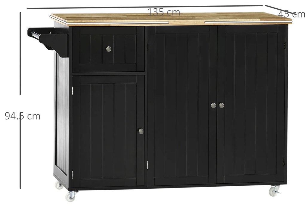 HOMCOM Masă de bucătărie insulă multi-depozitare 1 sertar 2 dulapuri 3 uși cu raft suport prosoape lemn de hevea negru | Aosom Romania