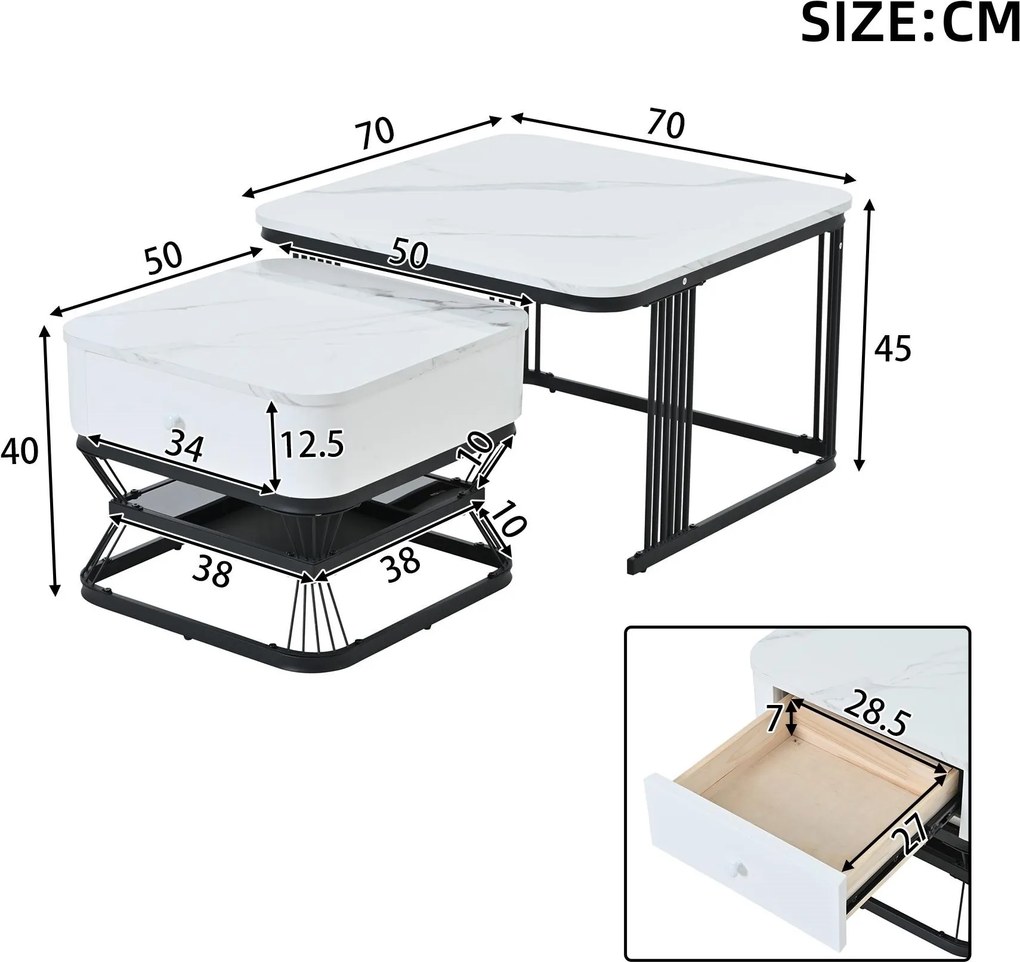 Set masă de cafea, 2 piese, set masă pentru living cu 1 sertar, 70x70x45 cm/50x50x40 cm, Alb+Negru