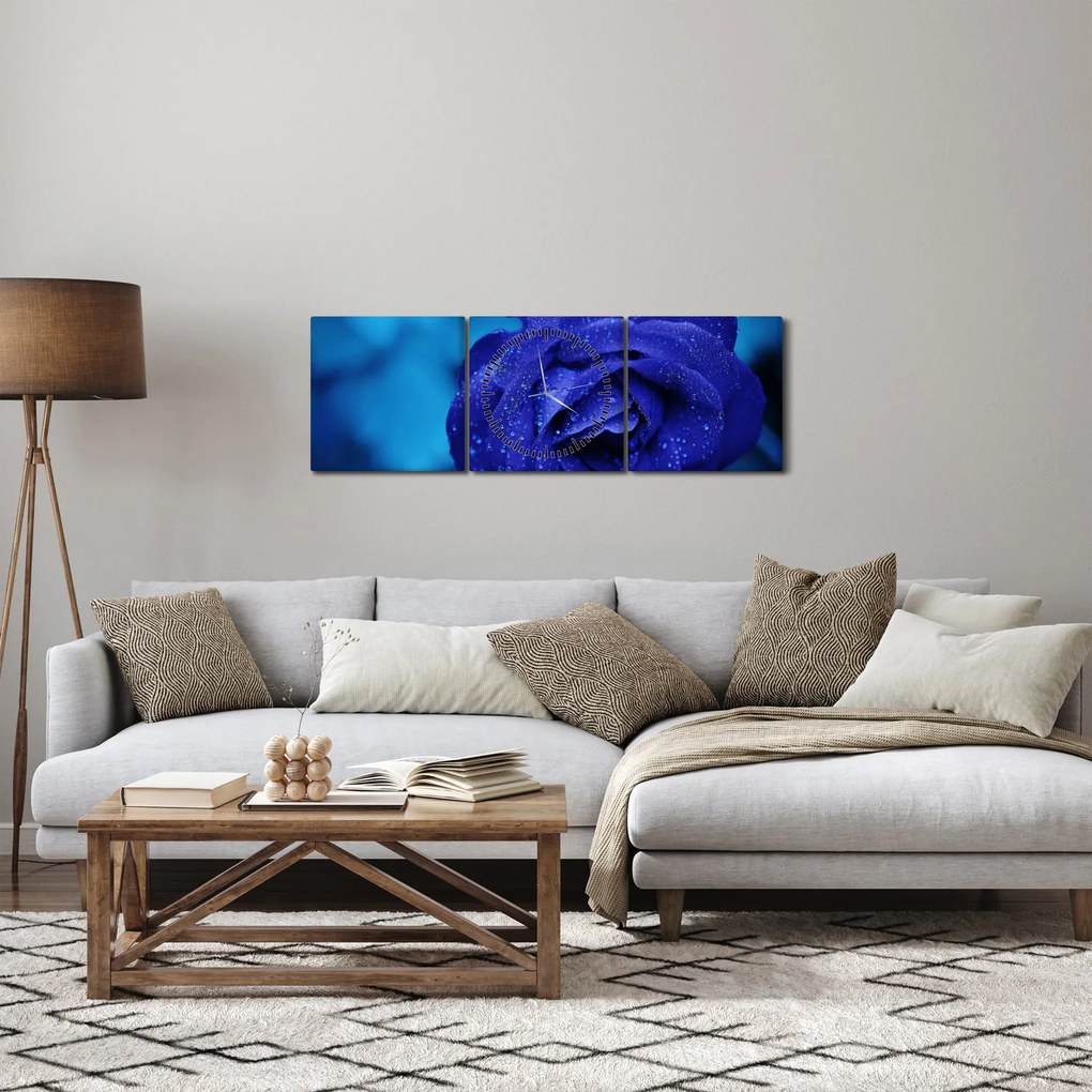 Tablou cu trandafir albastru (cu ceas) (90x30 cm)