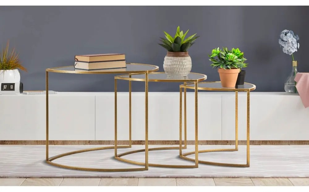 Măsuțe de cafea aurii rotunde cu blat din sticlă 3 buc. ø 60 cm Triangle – Mauro Ferretti