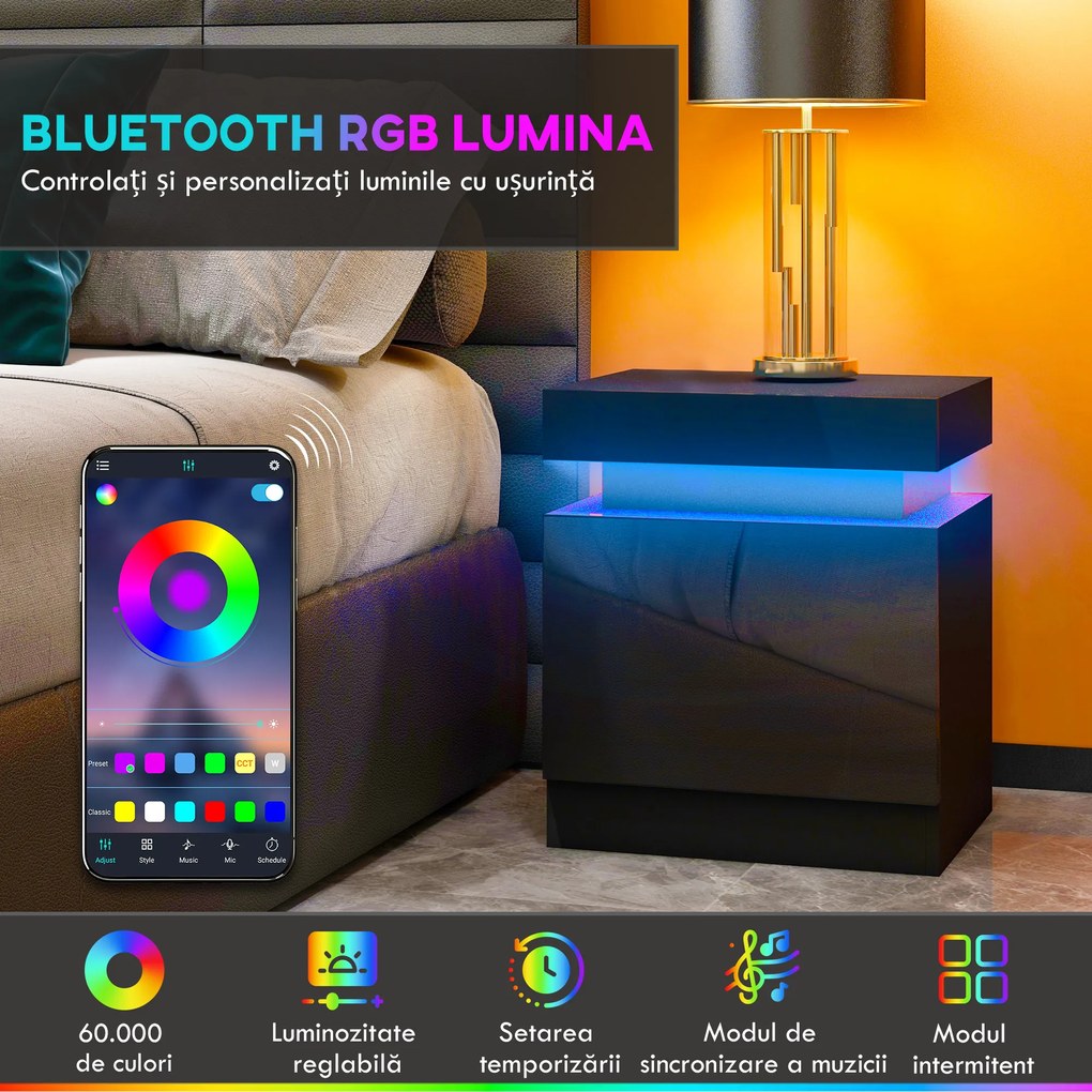 HOMCOM Masă de noapte neagră cu lumină LED, Front lucios cu 2 sertare, pentru Sufragerie, Dormitor | Aosom Romania