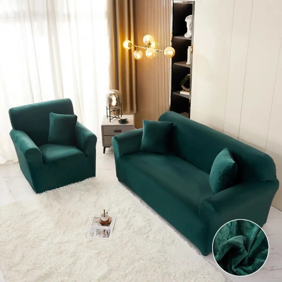 Set Huse Elastice din Catifea pentru Canapea 3 Locuri + 2 Fotolii, cu Brate, Verde, HCCJS-07