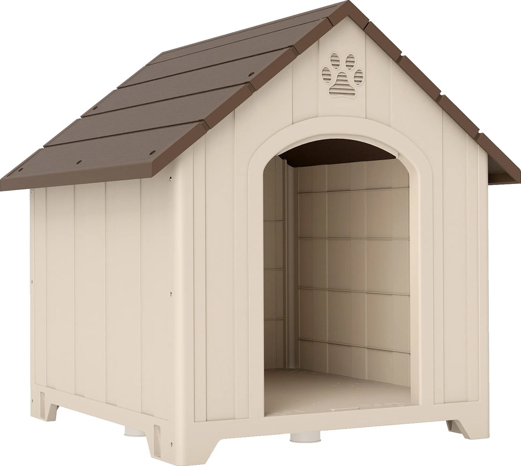 PawHut Căsuță pentru câini de talie medie și mare, ridicată, cu acoperiș înclinat, guri de aerisire și cuie, căsuță din PP, 88x78x89 cm, Bej și Maro Închis | Aosom Romania