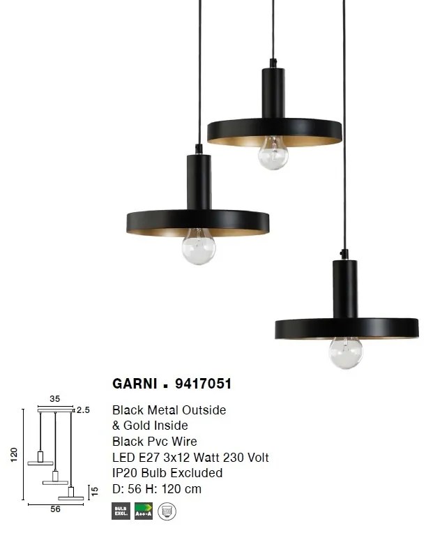 Lustra cu 3 pendule design modern Garni negru/auriu NVL-9417051