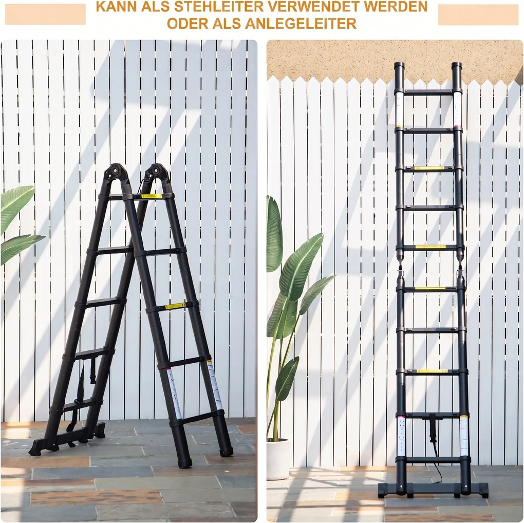 DURHAND Scară Telescopică Pliabilă cu 10 Trepte, Scară Extensibilă din Aluminiu și Metal, 320x67x7 cm, Neagră | Aosom Romania