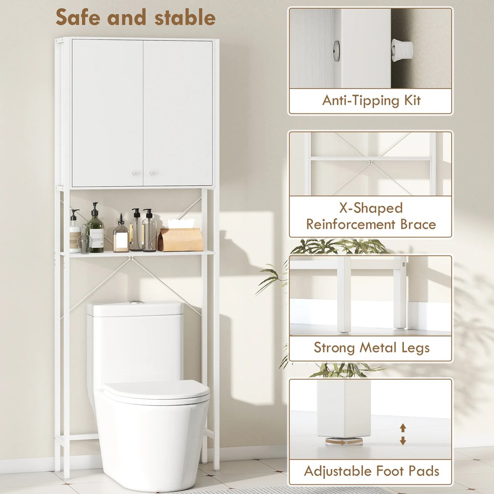 Mobilier HOMCOM pentru Baie Deasupra WC-ului cu Dulap și Raft Deschis, Mobilier Salvaspazio cu Picioare din Metal pentru Baie și Spălătorie, 64x20x180 cm, Alb | Aosom Romania