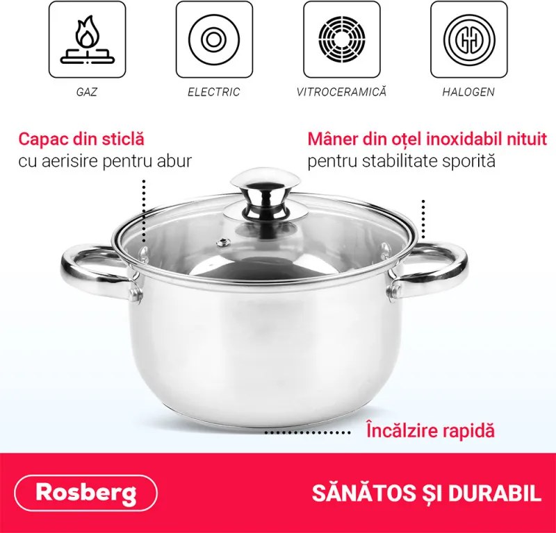 La mâna a doua: Set oale Rosberg R51210O10, 10 piese, 2.1-6.3 L, Otel inoxidabil, Argintiu