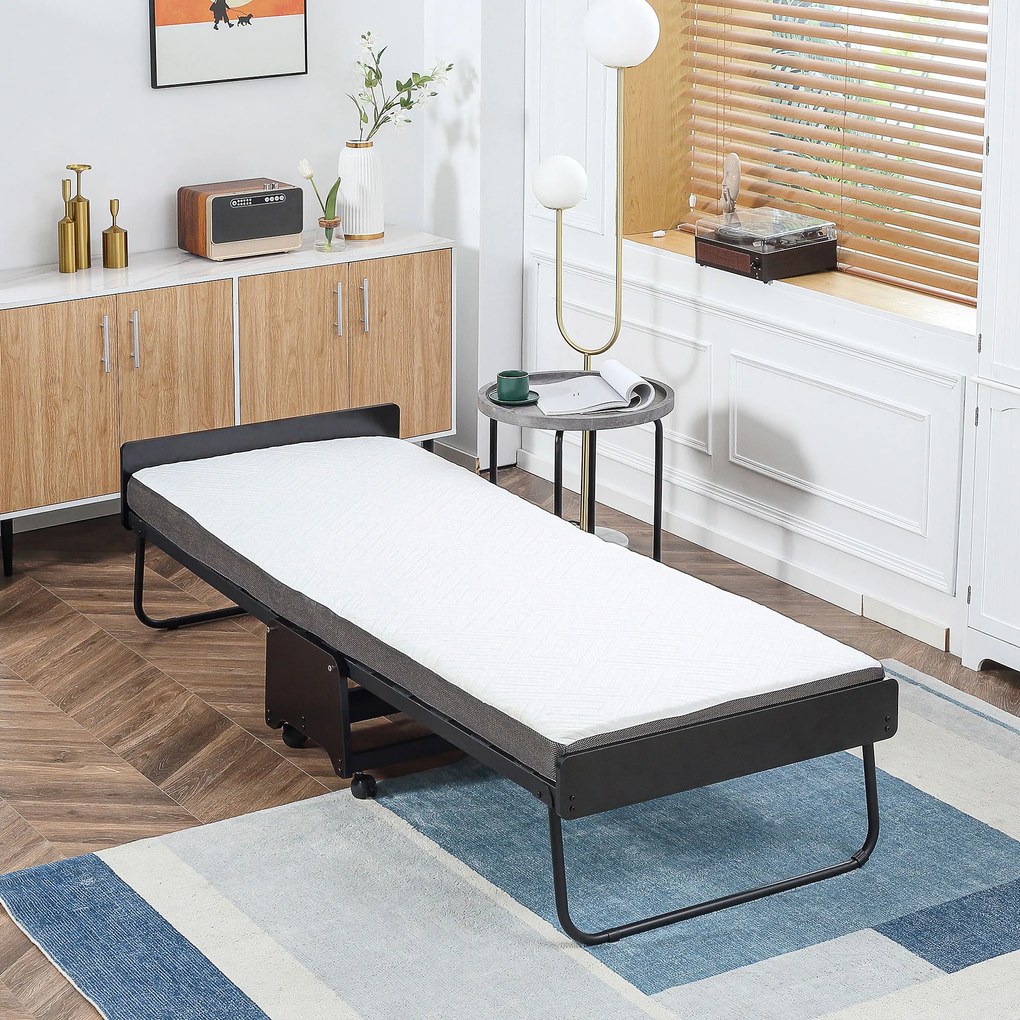 Pat pliant cu saltea de 10 cm inaltime HOMCOM, pentru o persoana cu roti si lamele, 80x200cm, negru | Aosom RO