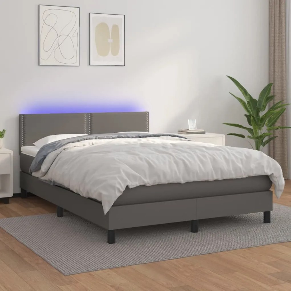 vidaXL Pat cu arcuri, cu saltea &amp; LED, gri, 140x190 cm, piele eco