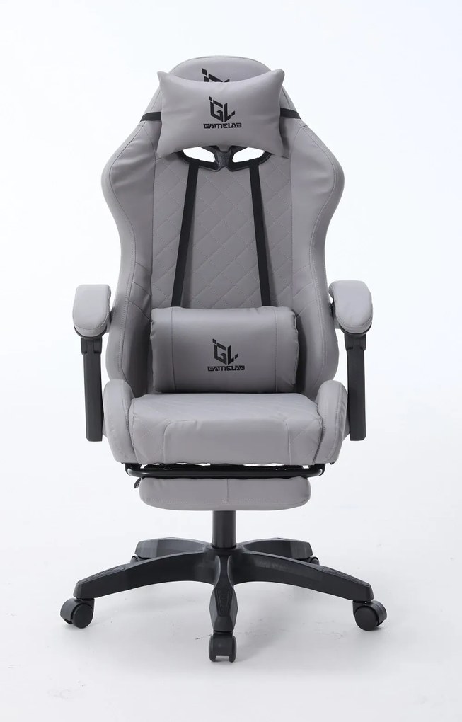 Scaun gaming, Masaj în perna lombară, suport picioare, piele PU, Gri