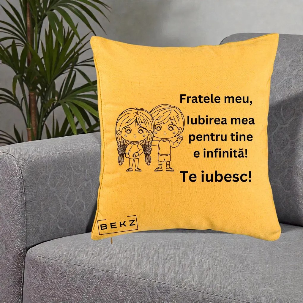 Cadou pentru Frate - Perna Personalizata Fratele Meu Te Iubesc Copii Anime Line Art Negru, 40x40 cm, Galben, Husa Detasabila, Perna Inclusa, BEKZ®