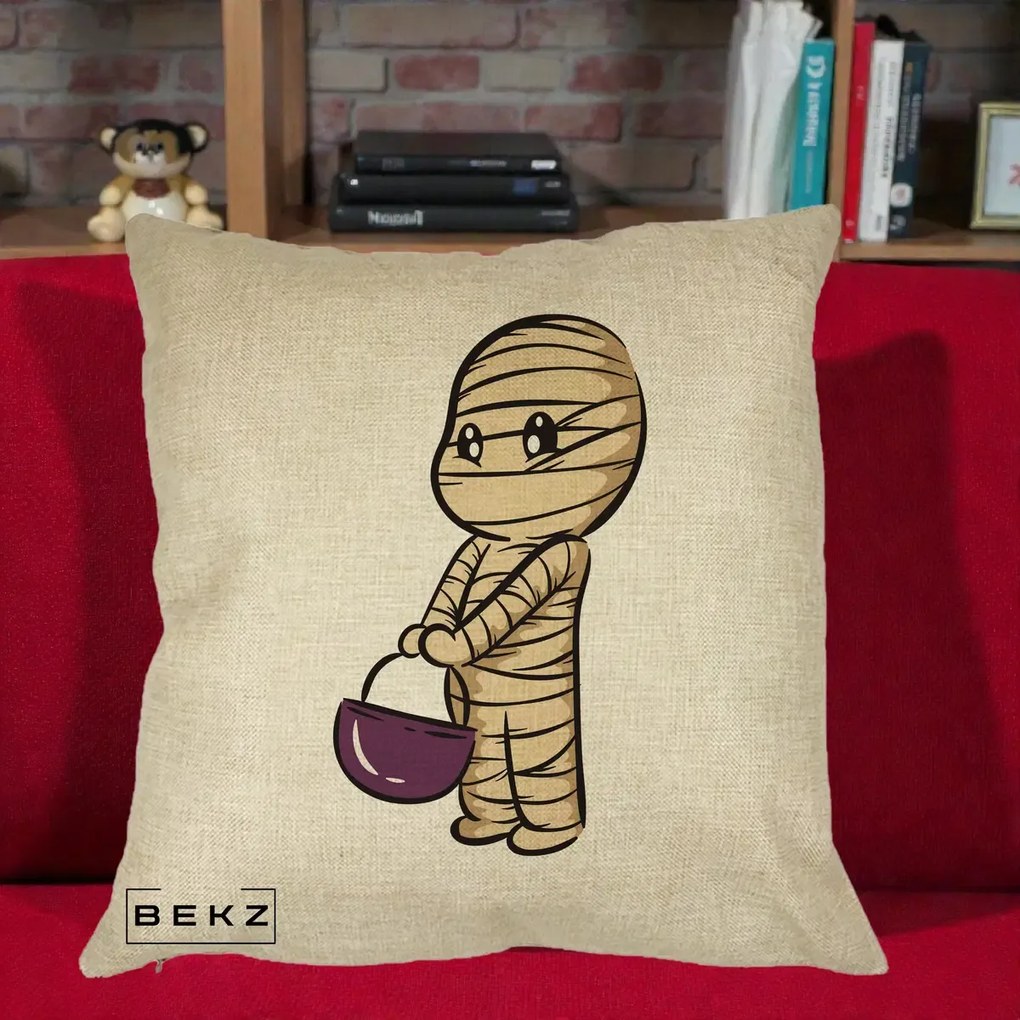 Perna Decorativa Halloween Mummy Kawaii cu Cos, 40x40 cm, Crem, Husa Detasabila, Perna Inclusa, BEKZ®