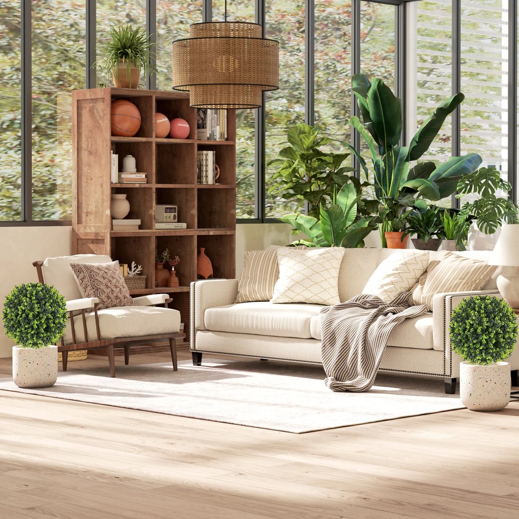 HOMCOM Set 2 Plante Artificiale de Buxus de 40 cm cu Tija Integrată pentru Interior și Exterior, Verde | Aosom Romania