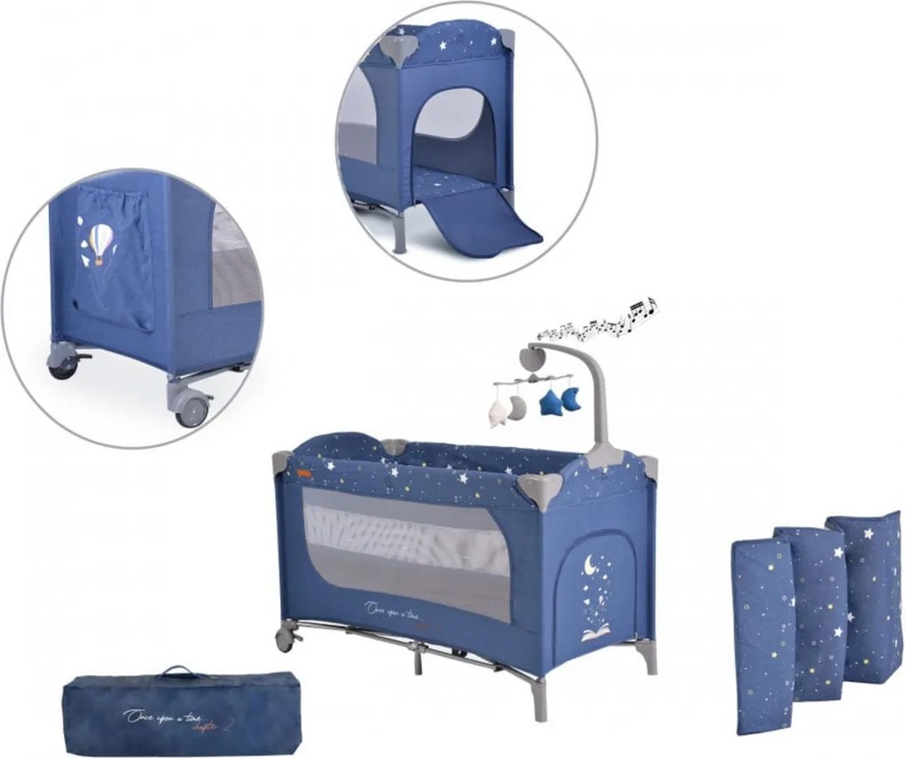 Patut pliant transformabil in tarc copii NOVOKIDS™ Onceuponatime NEST, 62X125 cm, 2 Niveluri, Jucarie Carusel muzical, Fermoar acces lateral, Albastru