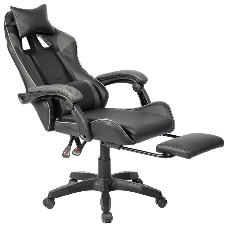 Scaun gaming, masaj în perna lombară, suport picioare, PU, Negru/Gri