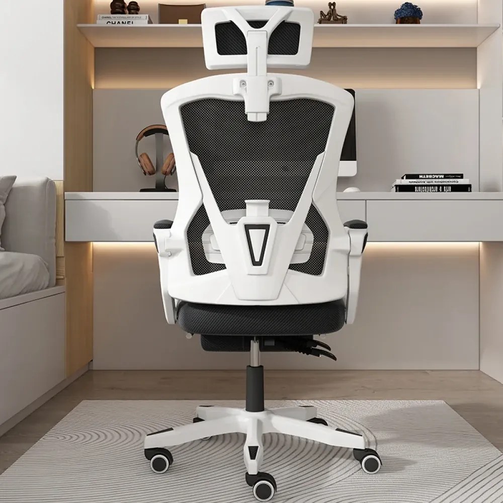 Scaun ergonomic cu suport lombar, pivotant 360°, tetieră reglabilă, suport pentru picioare, Mesh, Alb/Negru