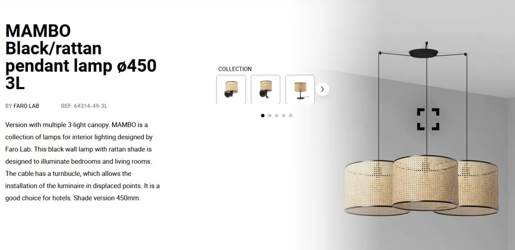 Lustra suspendata cu 3 pendule design natural MAMBO 45cm negru/ratan