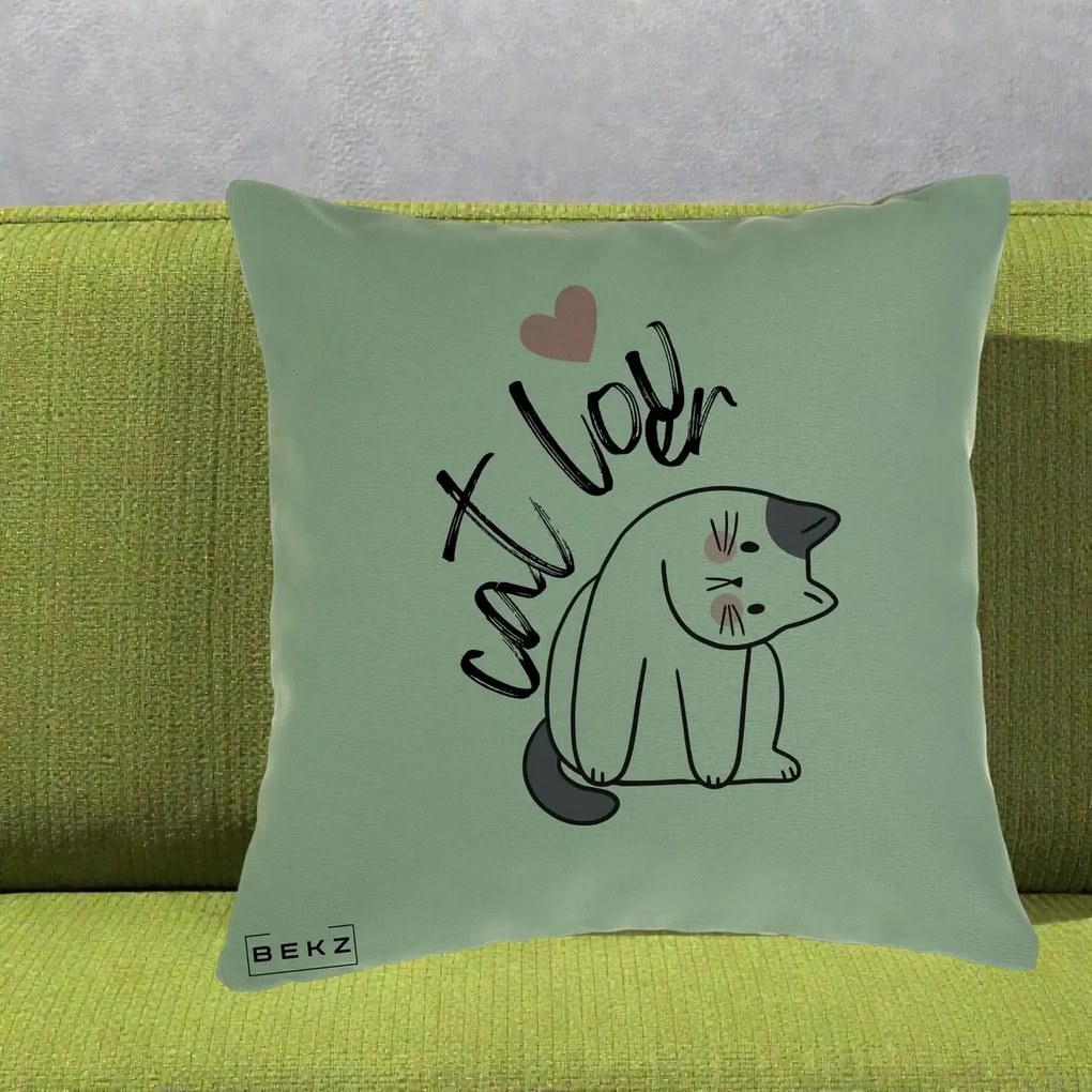 Perna Personalizata Cat Lover Pisica Ilustratie Linie, 40x40 cm, Verde, Husa Detasabila, Perna Inclusa, BEKZ®