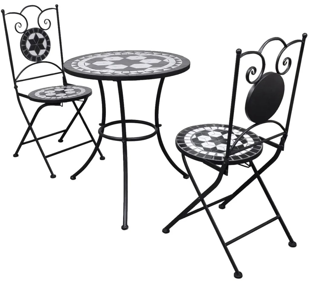 vidaXL Set mobilier bistro, 3 piese, negru/alb, plăci ceramice