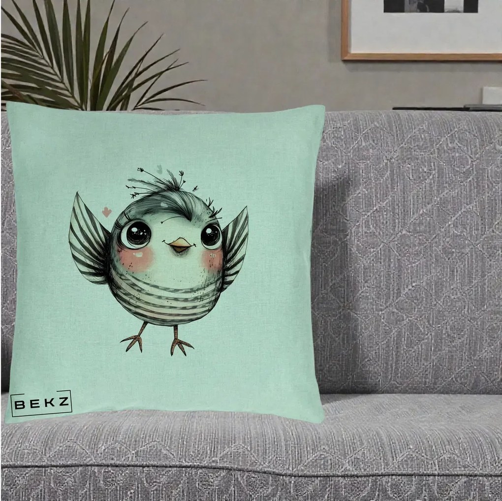 Perna Decorativa Pasare Gri cu Aripi si Inimioare, 40x40 cm, Verde Menta, Husa Detasabila, Perna Inclusa, BEKZ®