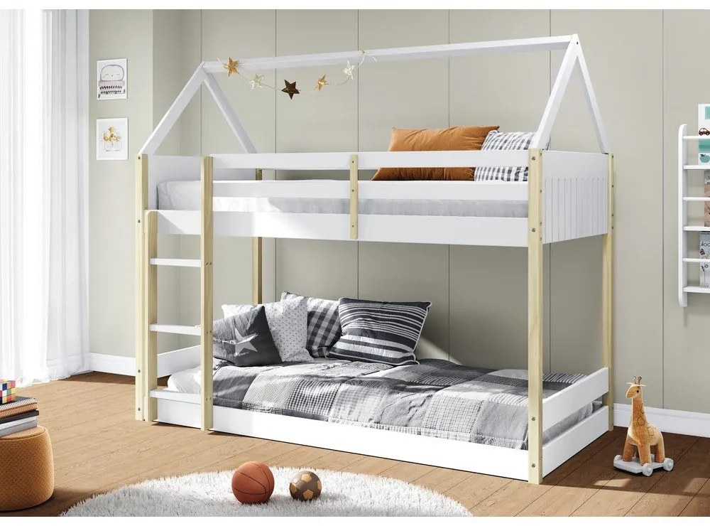 Pat pentru copii alb/în culoare naturală de tip casă/supraetajat 90x190 cm Valka – Marckeric