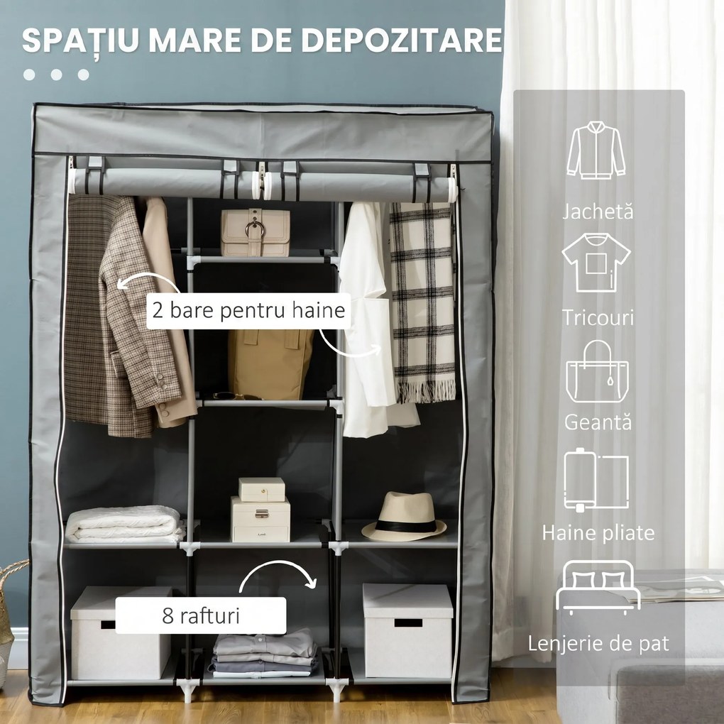 HOMCOM Dulap Economisire Spațiu cu Bază Înalțată, 8 Rafturi și 2 Bare, din Material Netesut și Oțel, Gri Deschis | Aosom Romania