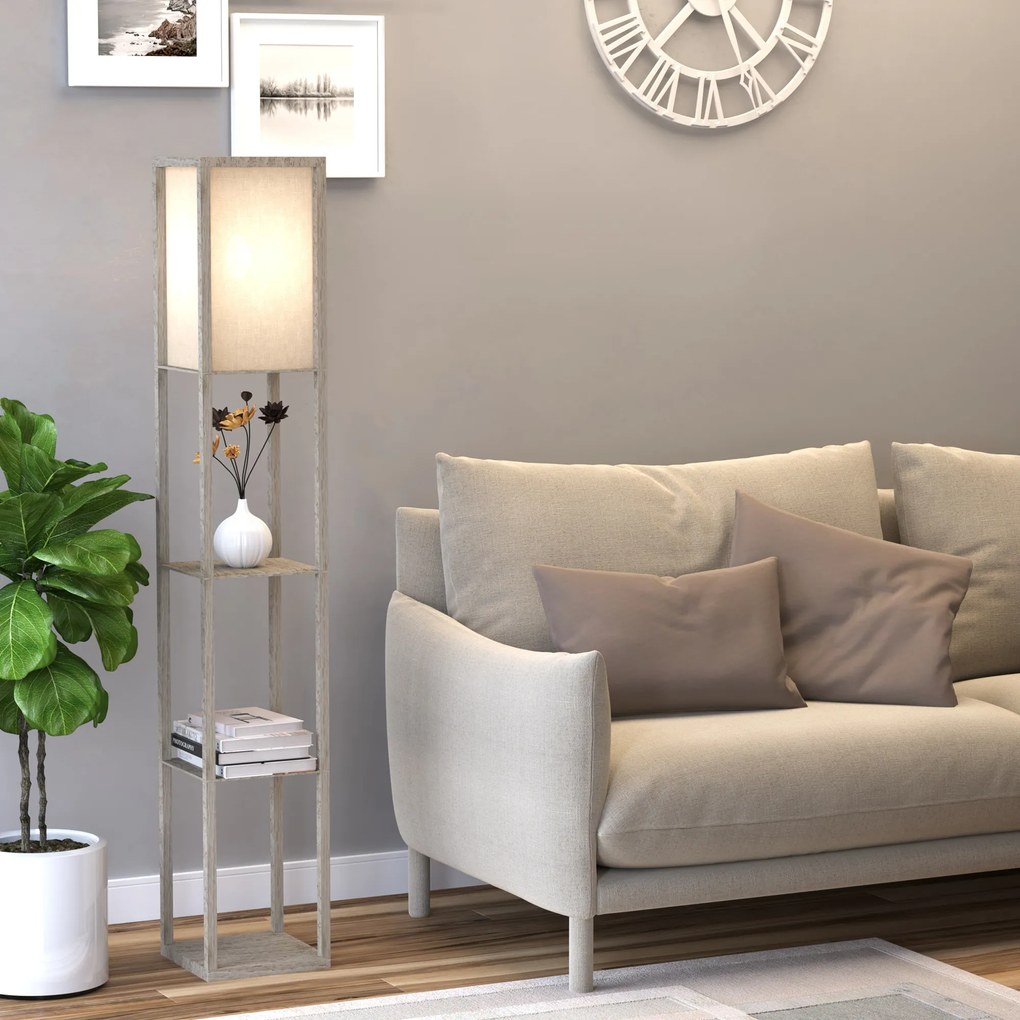 HOMCOM Lampă de podea cu rafturi integrate, Suport E27, 40W, Design Modern din MDF, 26x26x160cm, Stejar | Aosom Romania