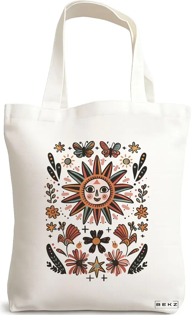 Sacosa de Panza pentru Cumparaturi, Geanta Tote Happy Sun 3, 38x34.5 cm, Alba, BEKZ®