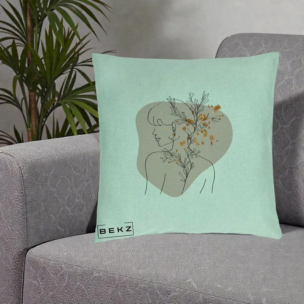 Perna Decorativa Femeie cu Flori Line Art Boho, 40x40 cm, Verde Menta, Husa Detasabila, Perna Inclusa, BEKZ®