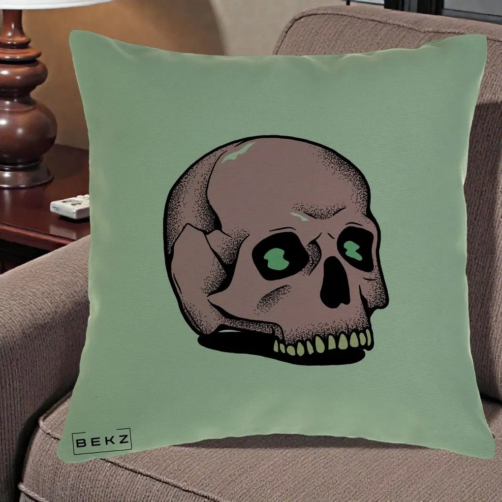 Perna Decorativa Craniu Roz Tatoo Art Halloween, 40x40 cm, Verde, Husa Detasabila, Perna Inclusa, BEKZ®