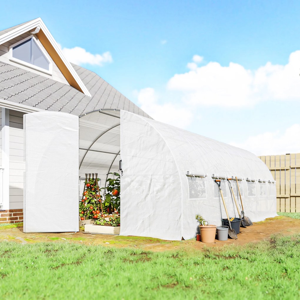 Outsunny Seră tunel 6x3x2 m cu ușă cu balamale, 12 ferestre cu plasă și structură din oțel galvanizat, alb | Aosom Romania