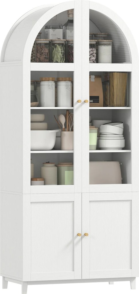 HOMCOM Dulap de bucătărie, vitrină pentru veselă cu 4 uși dintre care 2 din acrilic și rafturi reglabile, 78 x 40 x 180 cm, alb | Aosom Romania